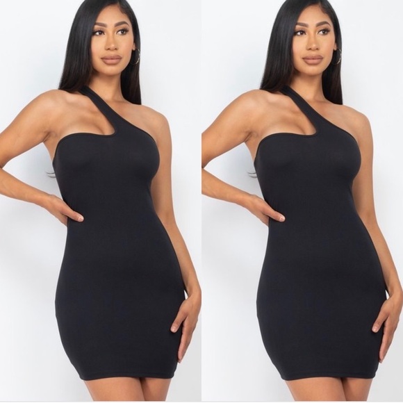 BLACK ONE SHOULDER MINI BODYCON DRESS - Picture 1 of 2